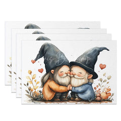 Lofaris Hugging Gnome Blue Hat Set of 4 Placemats Happy Couple Valentine Decoration Cute Heart Dining Table Mat