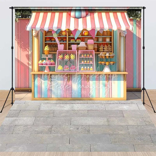 Lofaris Ice Cream and Cupcake Shop Combo Set Backdrop Pastel Striped Sweet Treats Birthday Party Background