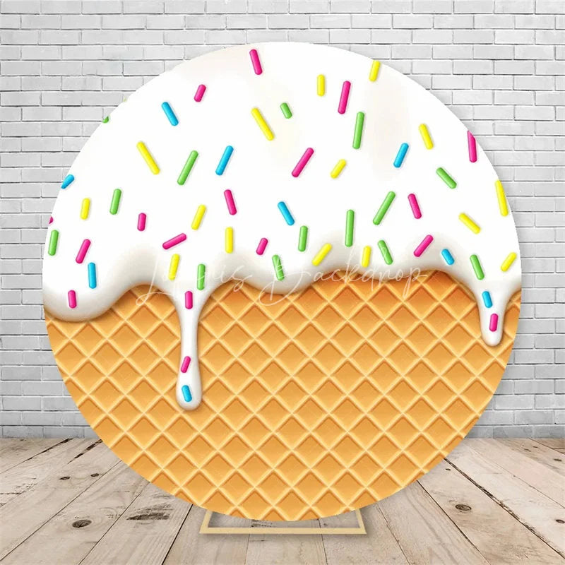 Lofaris Ice Cream Round Backdrop Colorful Sprinkles Waffle Cone Birthday Party Decor Sweet Dessert Background
