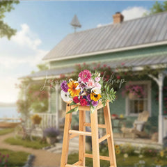 Lofaris Idyllic Lake House Photography Backdrop Rustic Cottage Porch with Blooming Roses Bicycle and Serene View