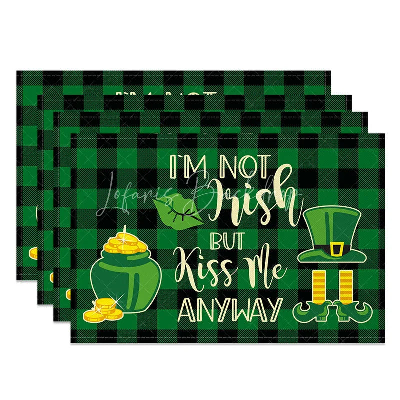 Lofaris Im Not Irish But Kiss Me Anyway Set of 4 Placemats St. Patricks Day Pot Gold Plaid Table Mats