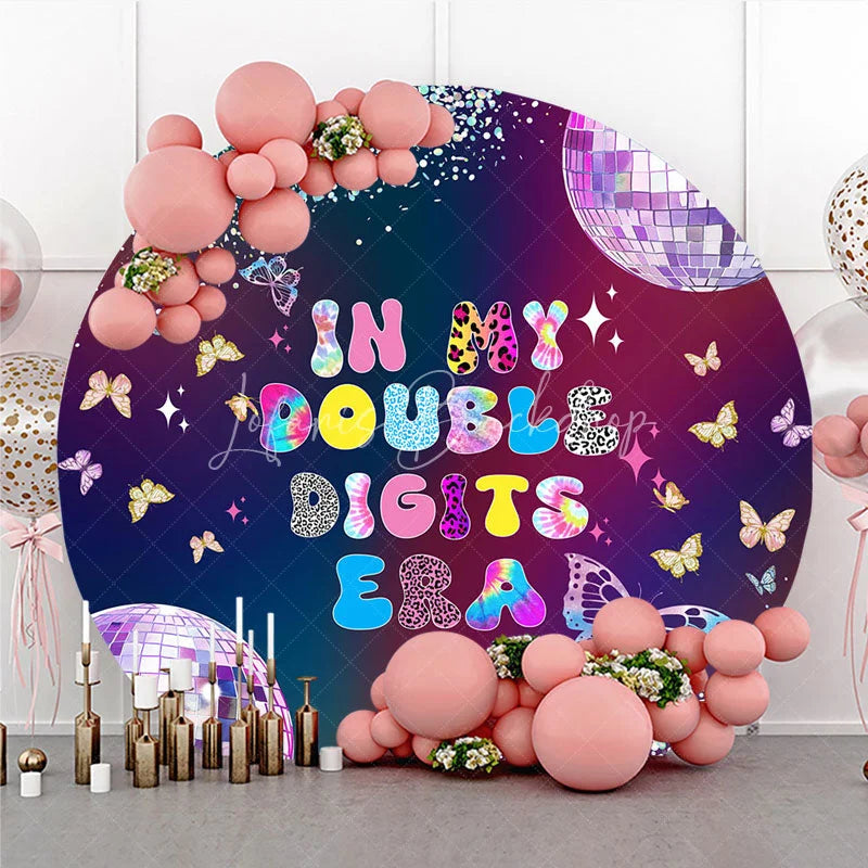 Lofaris In My Double Digits Era Round Backdrop Galaxy Disco Butterfly Decoration 10th Birthday Background