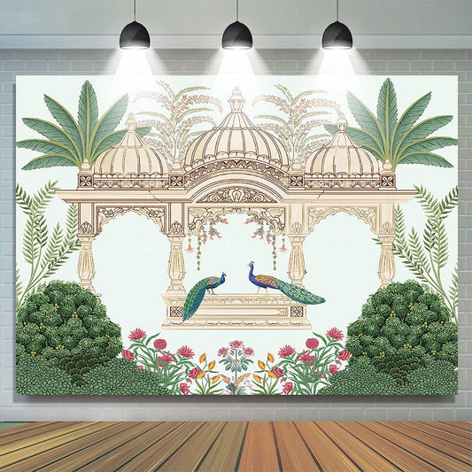Lofaris Indian Temple Green Plants Peacock Birthday Backdrop