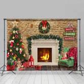 Lofaris Indoor Christmas Scene Lit Fireplace Tree Backdrop