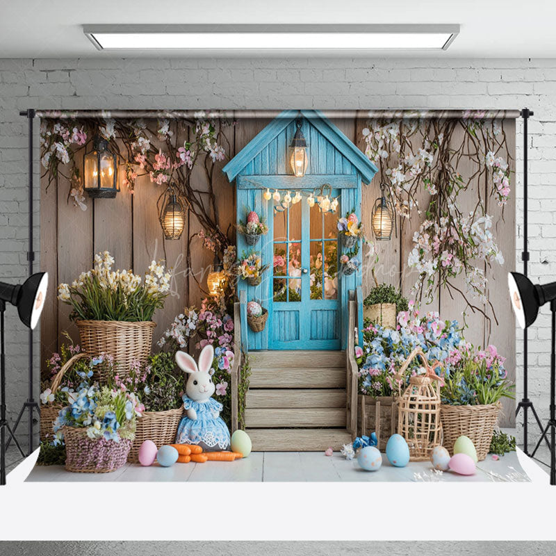 Lofaris Indoor Floral Teal House Bunny Eggs Easter Backdrop