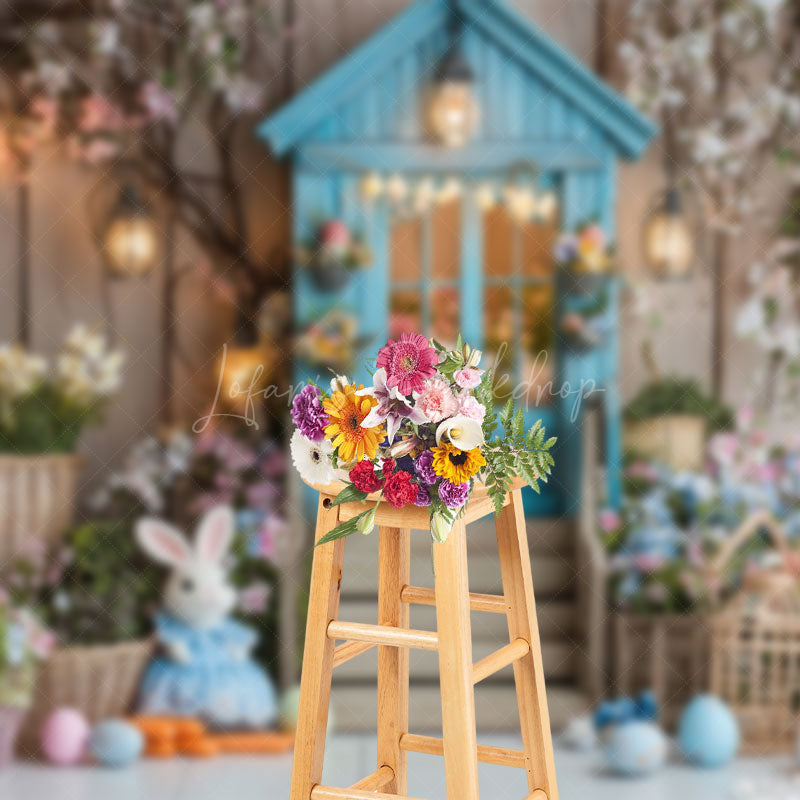 Lofaris Indoor Floral Teal House Bunny Eggs Easter Backdrop