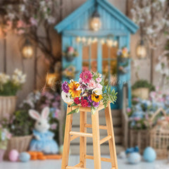 Lofaris Indoor Floral Teal House Bunny Eggs Easter Backdrop