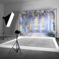 Lofaris Indoor Garden Wedding Photography Backdrop Hanging Wisteria with Blue Drapes Romantic Floral Background