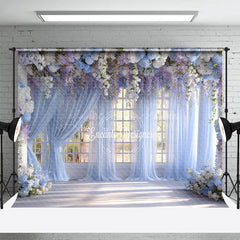 Lofaris Indoor Garden Wedding Photography Backdrop Hanging Wisteria with Blue Drapes Romantic Floral Background