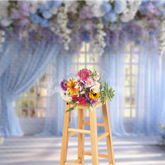Lofaris Indoor Garden Wedding Photography Backdrop Hanging Wisteria with Blue Drapes Romantic Floral Background