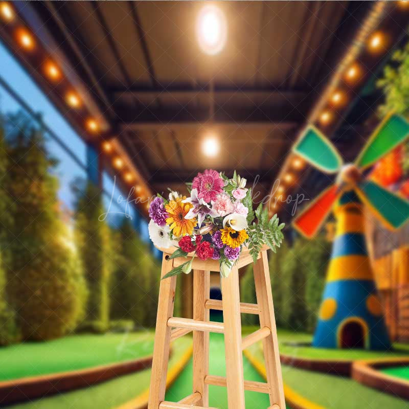 Lofaris Indoor Mini Golf Course Photography Backdrop Fun Sports and Games Scenery with Windmill Kids Party Photo Prop