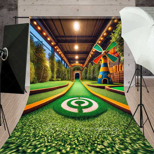 Lofaris Indoor Mini Golf Course Sweep Photography Backdrop with Floor Fun Sports Scenery Windmill Kids Party Photo Prop