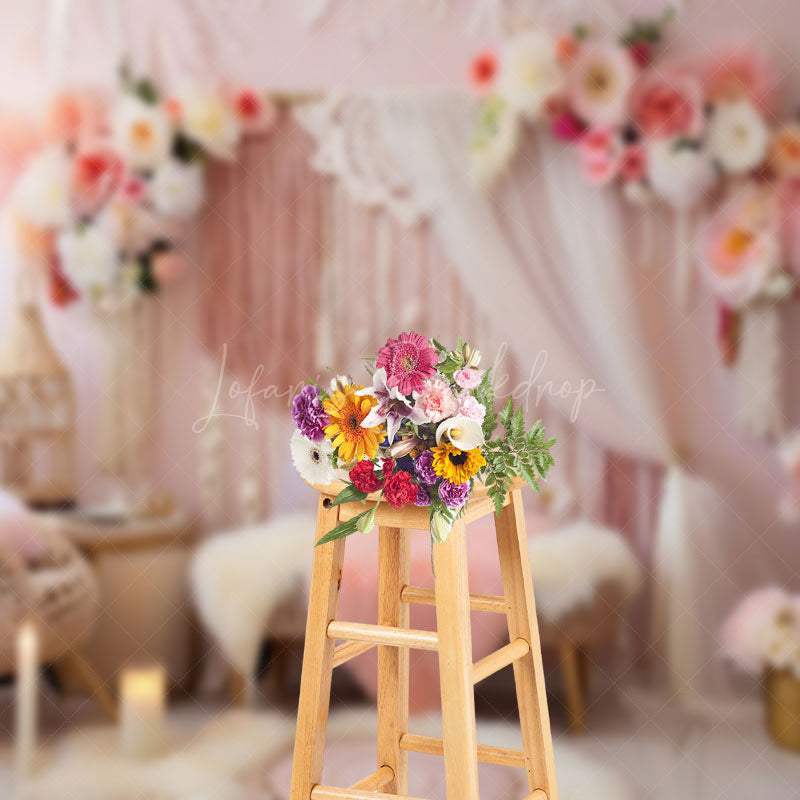 Lofaris Indoor Pink Boho Tassel Floral Candle Photo Backdrop