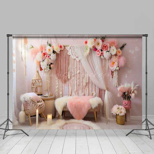 Lofaris Indoor Pink Boho Tassel Floral Candle Photo Backdrop
