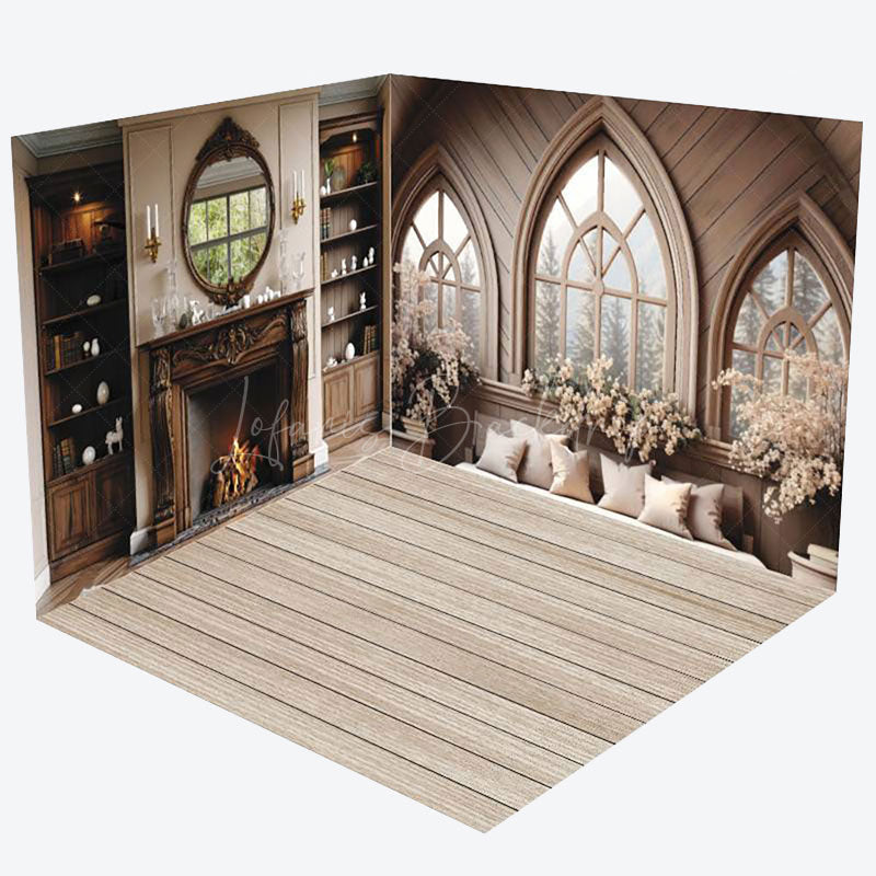 Lofaris Indoor Retro Fireplace Window Scene Room Set Backdrop