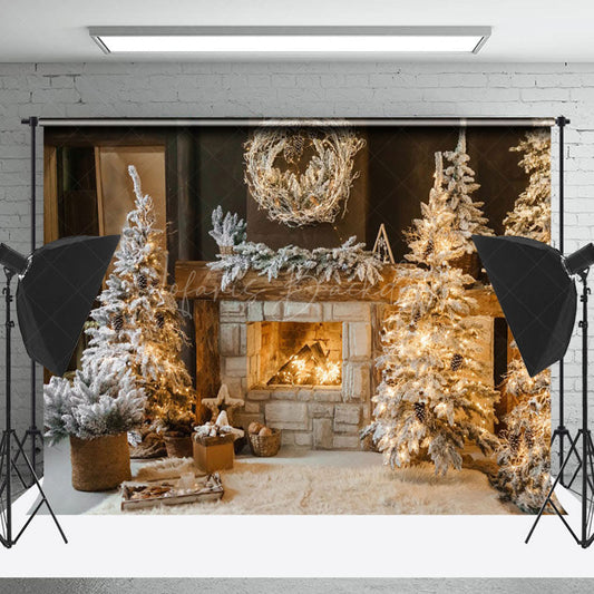 Lofaris Indoor Snowy Trees Warm Fireplace Christmas Backdrop