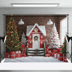 Lofaris Industrial Christmas Loft Photography Backdrop Red House with Brick Wall Snowy Holiday Mini Session Background