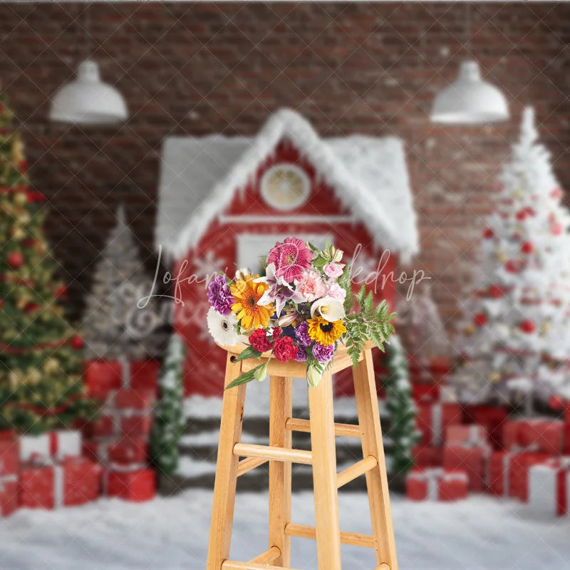 Lofaris Industrial Christmas Loft Photography Backdrop Red House with Brick Wall Snowy Holiday Mini Session Background