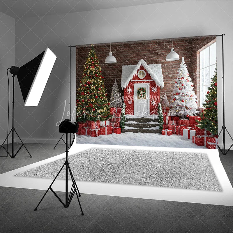 Lofaris Industrial Christmas Loft Photography Backdrop Red House with Brick Wall Snowy Holiday Mini Session Background