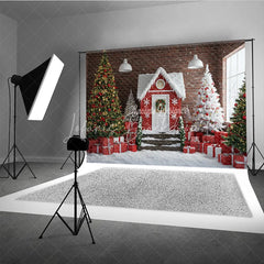 Lofaris Industrial Christmas Loft Photography Backdrop Red House with Brick Wall Snowy Holiday Mini Session Background