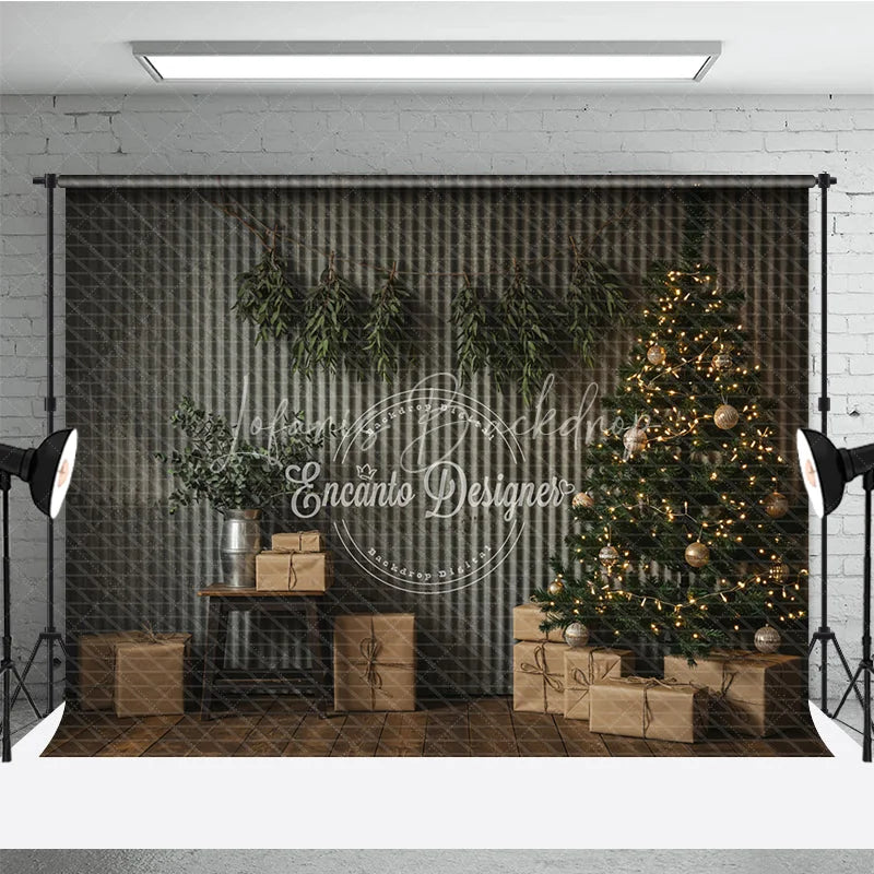 Lofaris Industrial Christmas Photography Backdrop Corrugated Metal Wall with Tree Modern Minimalist Holiday Background