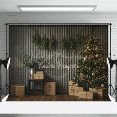 Lofaris Industrial Christmas Photography Backdrop Corrugated Metal Wall with Tree Modern Minimalist Holiday Background