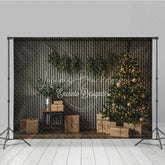Lofaris Industrial Christmas Photography Backdrop Corrugated Metal Wall with Tree Modern Minimalist Holiday Background