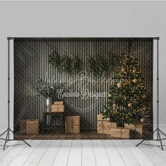 Lofaris Industrial Christmas Photography Backdrop Corrugated Metal Wall with Tree Modern Minimalist Holiday Background