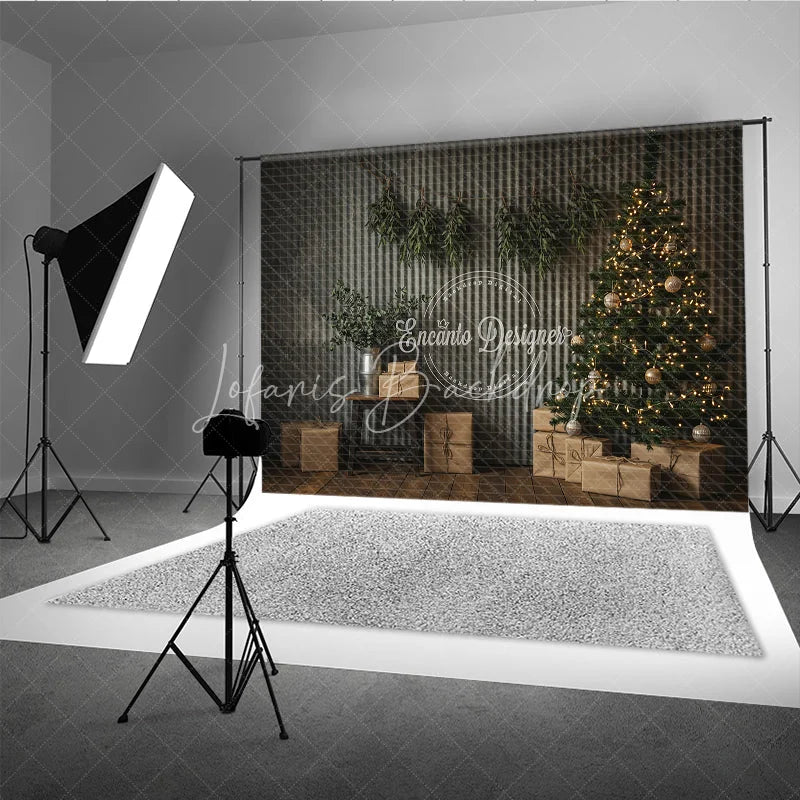 Lofaris Industrial Christmas Photography Backdrop Corrugated Metal Wall with Tree Modern Minimalist Holiday Background
