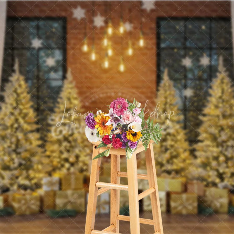 Lofaris Industrial Loft Christmas Photography Backdrop Brick Wall with Gold Trees Modern Holiday Mini Session Background