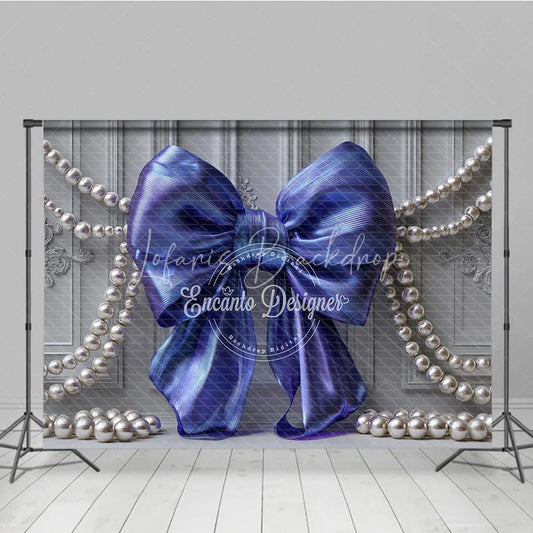 Lofaris Iridescent Blue Bow and Pearl Photography Backdrop Elegant Grey Paneled Wall Design for Studio