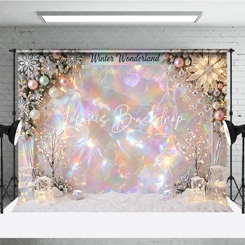 Lofaris Iridescent Holographic Winter Wonderland Photography Backdrop Dreamy Snowflakes and Ornaments Decor