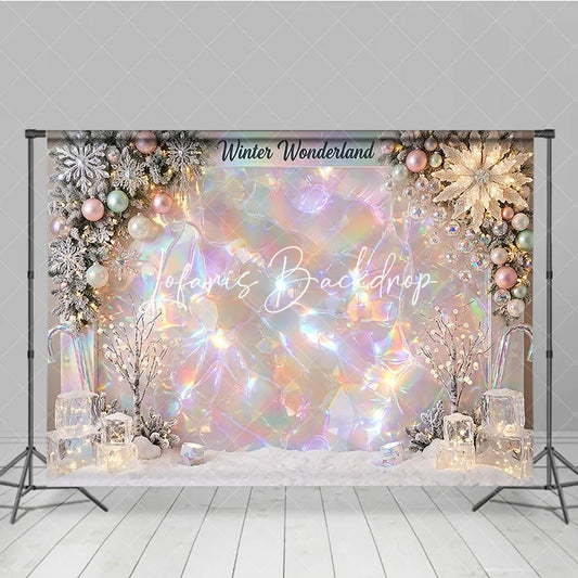 Lofaris Iridescent Holographic Winter Wonderland Photography Backdrop Dreamy Snowflakes and Ornaments Decor