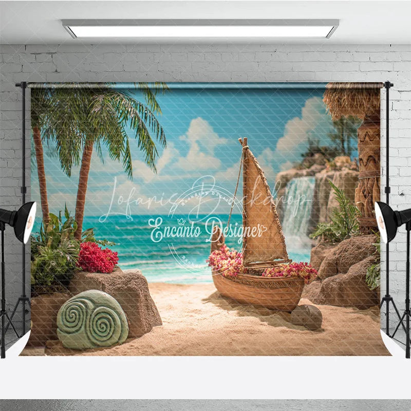 Lofaris Island Beach Backdrop Tropical Voyager Boat Photo Background Ocean Palm Trees Waterfall Party Props for Summer Luau