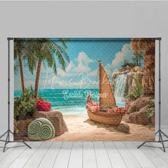 Lofaris Island Beach Backdrop Tropical Voyager Boat Photo Background Ocean Palm Trees Waterfall Party Props for Summer Luau