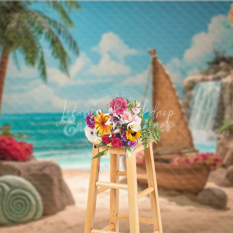 Lofaris Island Beach Backdrop Tropical Voyager Boat Photo Background Ocean Palm Trees Waterfall Party Props for Summer Luau