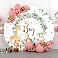 Lofaris It is a Boy Round Backdrop Safari Animals and Eucalyptus Leaves Baby Shower Party Decoration