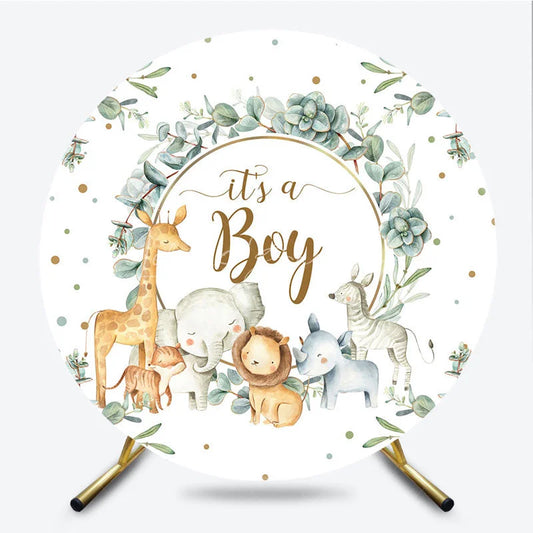 Lofaris It is a Boy Round Backdrop Safari Animals and Eucalyptus Leaves Baby Shower Party Decoration