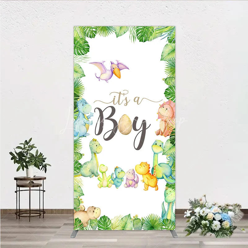 Lofaris It’s a Boy Dinosaur Rectangle Backdrop for Baby Shower Watercolor Jungle Animals Theme Tropical Dino Party Decor
