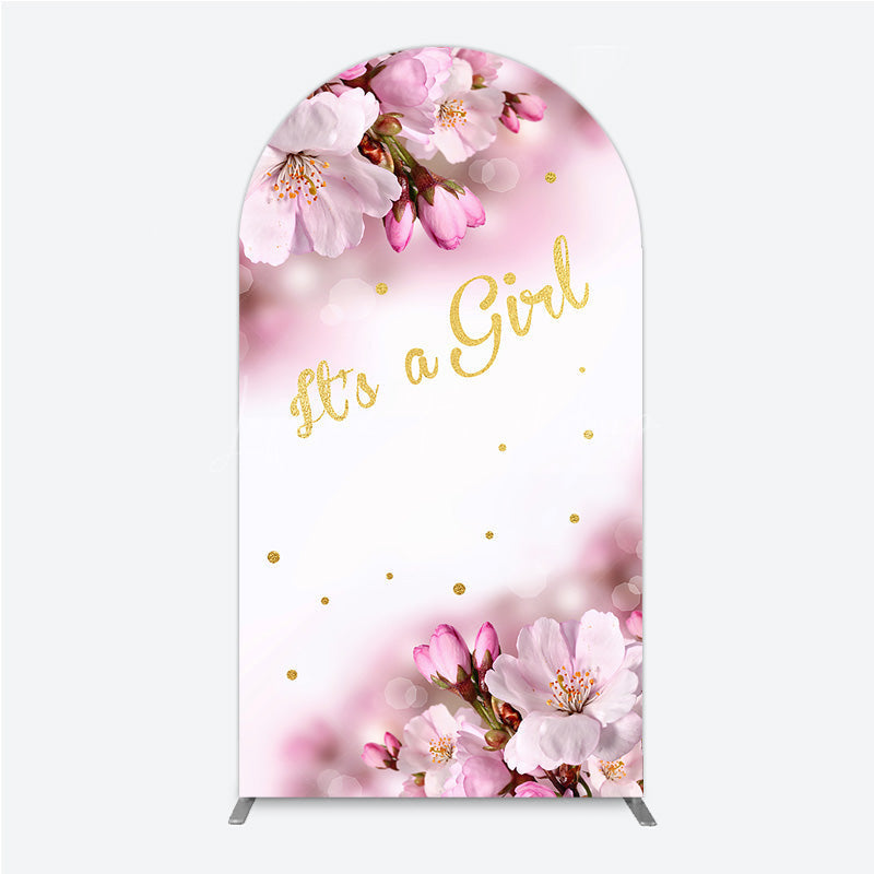 Lofaris It’s a Girl Arch Backdrop for Baby Shower Pink Cherry Blossom and Gold Glitter Spring Floral Welcome Sign Decor