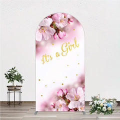 Lofaris It’s a Girl Arch Backdrop for Baby Shower Pink Cherry Blossom and Gold Glitter Spring Floral Welcome Sign Decor