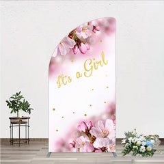Lofaris It’s a Girl Half Moon Arch Backdrop for Baby Shower Pink Cherry Blossom and Gold Glitter Spring Floral Welcome Sign Decor