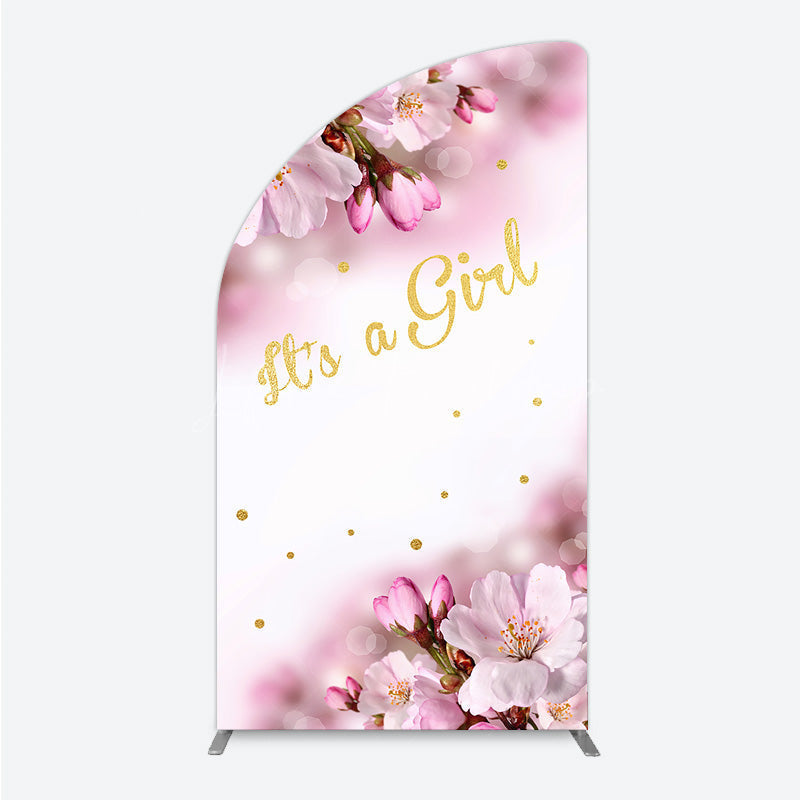 Lofaris It’s a Girl Half Moon Arch Backdrop for Baby Shower Pink Cherry Blossom and Gold Glitter Spring Floral Welcome Sign Decor