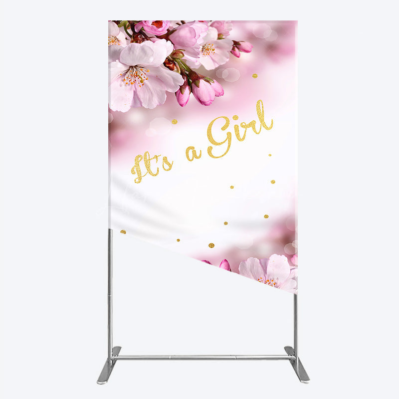 Lofaris It’s a Girl Rectangle Backdrop for Baby Shower Pink Cherry Blossom and Gold Glitter Spring Floral Welcome Sign Decor