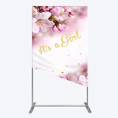 Lofaris It’s a Girl Rectangle Backdrop for Baby Shower Pink Cherry Blossom and Gold Glitter Spring Floral Welcome Sign Decor