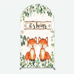 Lofaris It’s Twins Baby Shower Arch Backdrop Cute Fox Woodland Animals with Greenery Rustic Welcome Sign Photo Prop