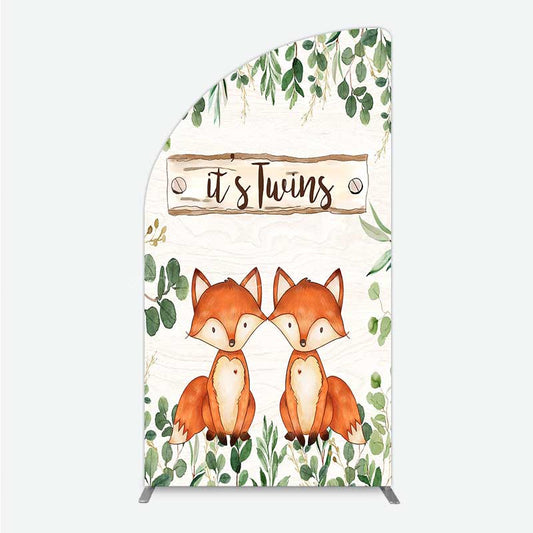 Lofaris It’s Twins Baby Shower Half Moon Arch Backdrop Cute Fox Woodland Animals with Greenery Rustic Welcome Sign Photo Prop