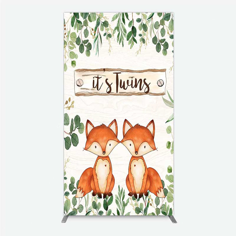 Lofaris It’s Twins Baby Shower Rectangle Backdrop Cute Fox Woodland Animals with Greenery Rustic Welcome Sign Photo Prop