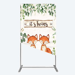 Lofaris It’s Twins Baby Shower Rectangle Backdrop Cute Fox Woodland Animals with Greenery Rustic Welcome Sign Photo Prop