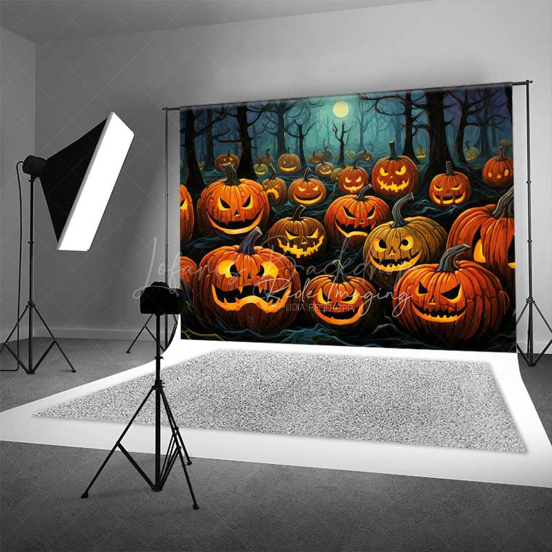 Lofaris Jack O’ Lantern Forest Photography Backdrop Spooky Carved Pumpkins in the Woods Dark Halloween Night Photo Prop
